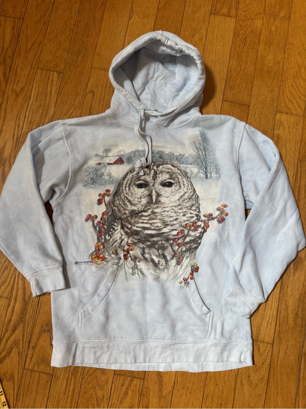 The Mountain Women Barred Blue Country Owl Graphic Hoodie Sweatshirt Sz S Nature